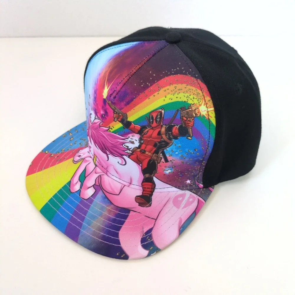 Marvel Deadpool Unicorn Rainbow Hat Snapback Black Flat Brim Comic Movie Cap